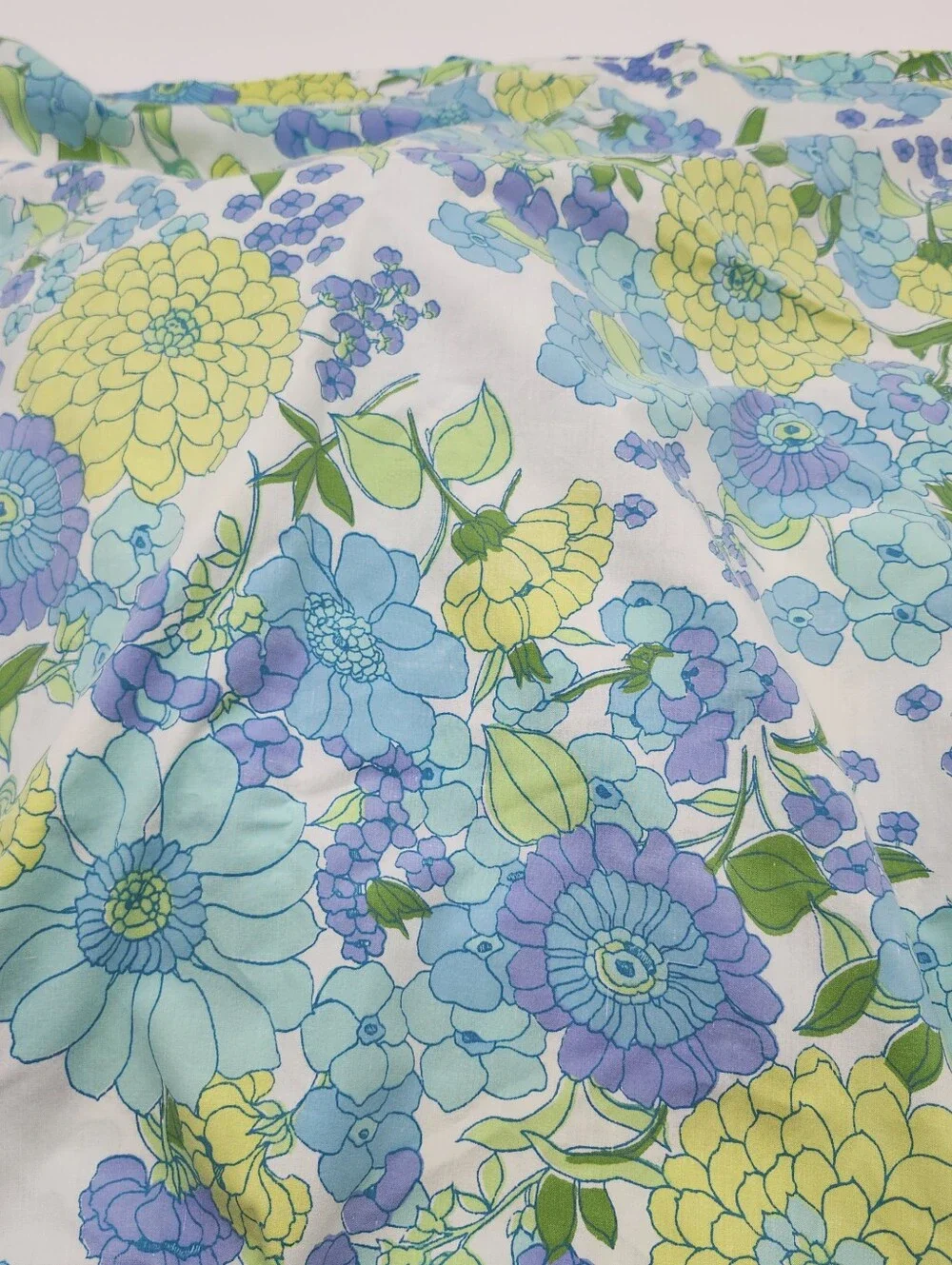 Vintage Flower Power Curtain Blue Green MOD TWIN 70s Sheet Flat Fitted